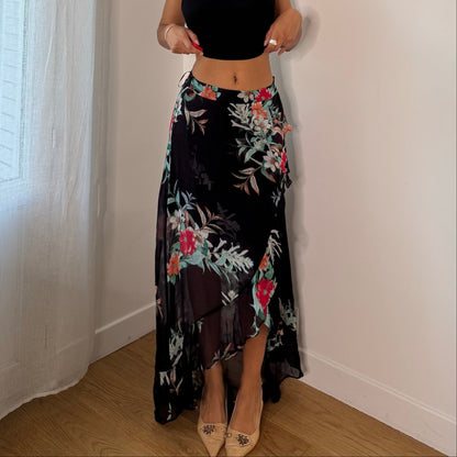 Vintage Guess Black Red Green Floral Asymmetrical Maxi Skirt Y2K (XS/S)