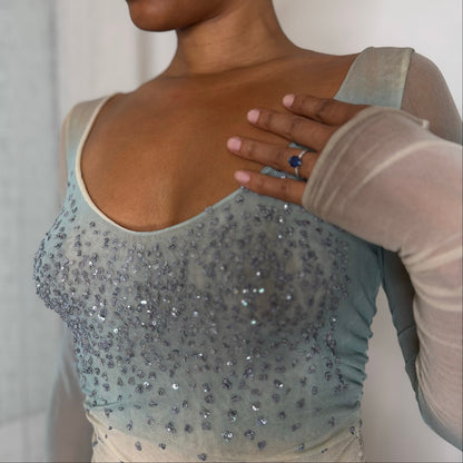 Italian vintage Y2K pale blue and ivory sequin embellished layered sheer mesh long sleeve top with ruched sleeves