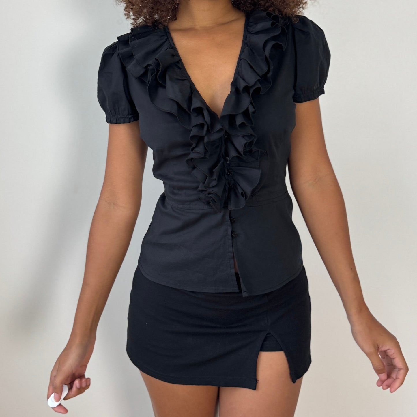 Vintage Italian Ruffle Front Button-Up Blouse (XS/S)