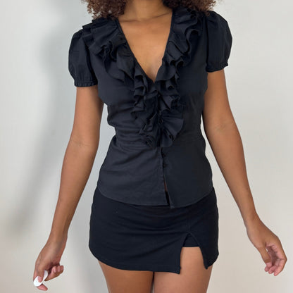 Vintage Italian Ruffle Front Button-Up Blouse (XS/S)