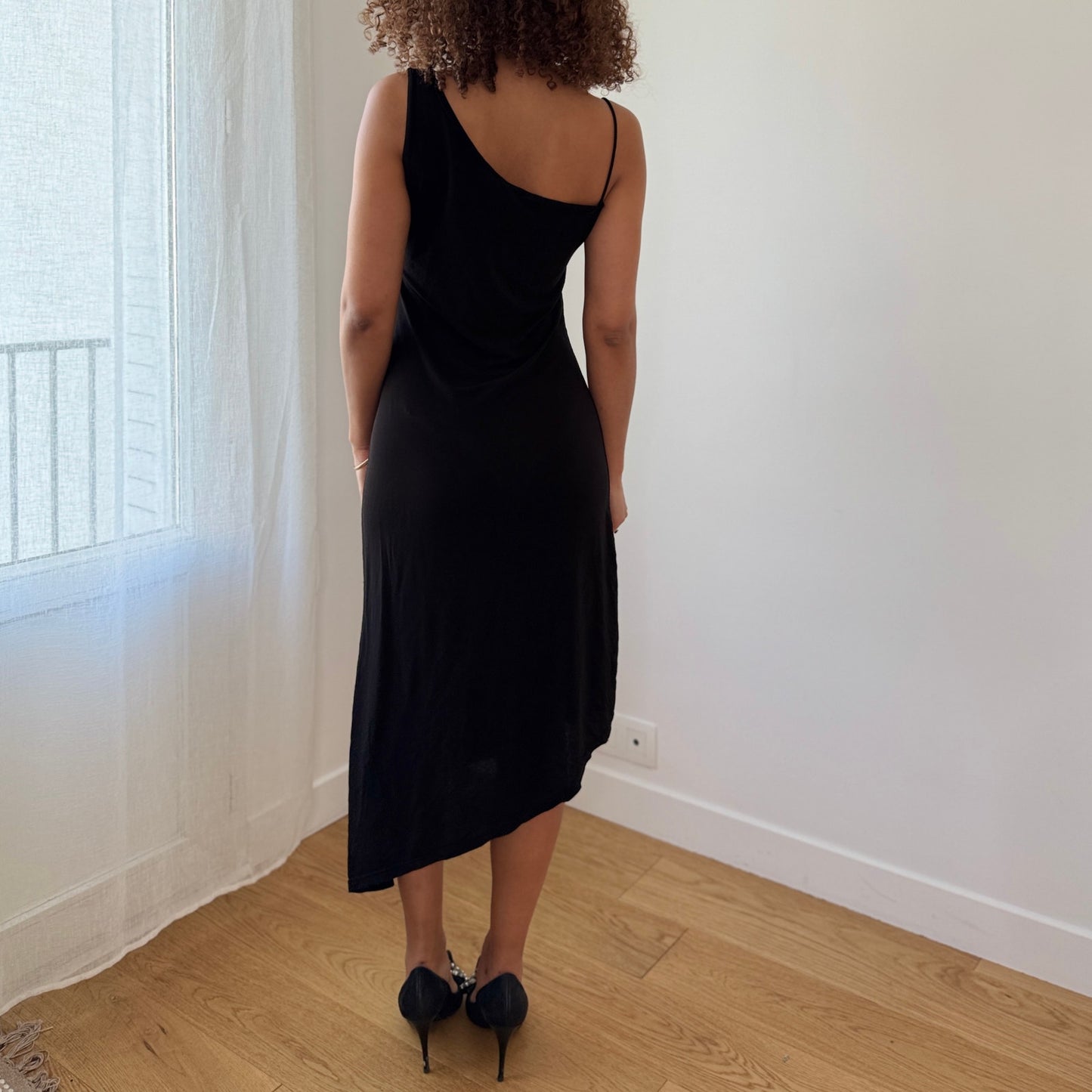 Vintage Italian Black Asymmetrical Mesh Dress Rhinestone Detail Midi (S/M)