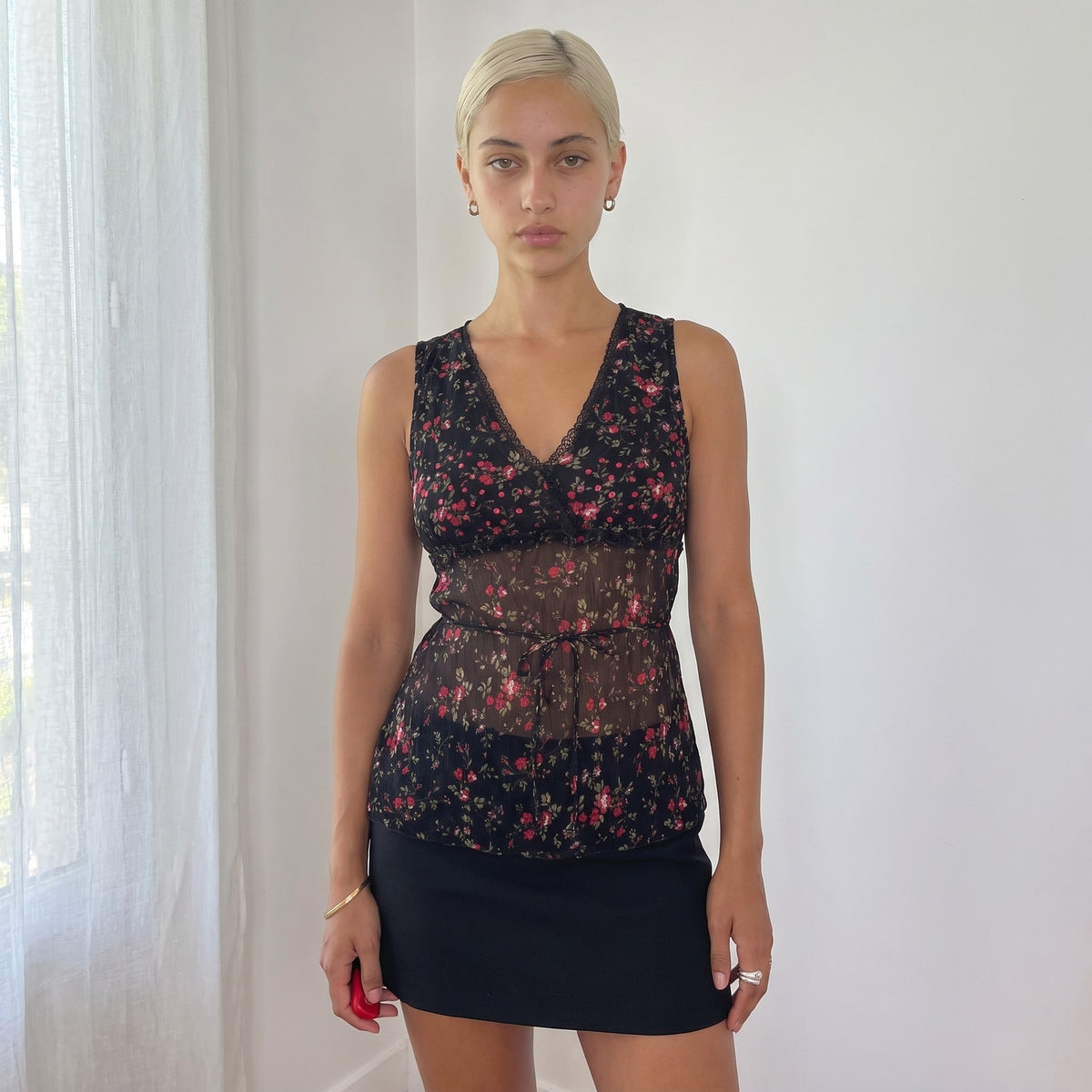 Vintage Black Pink Floral Sheer Mesh Sequin Top (S)