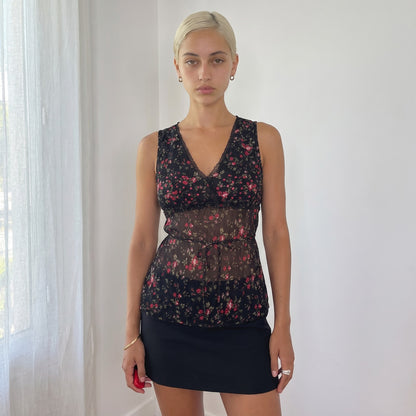Vintage Black Pink Floral Sheer Mesh Sequin Top (S)