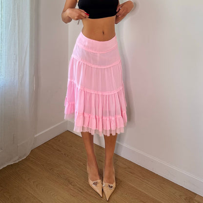 Vintage Baby Pink Tiered Ruffle Mesh Midi Skirt French Y2K (XS/S)