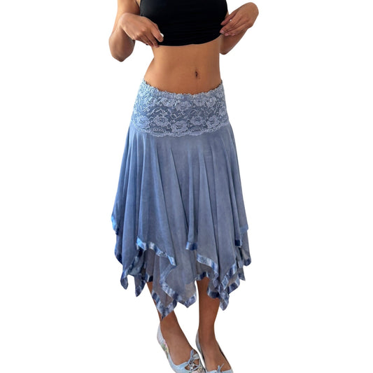 Vintage blue mesh handkerchief hem skirt lace waistband satin trim Y2K (S)