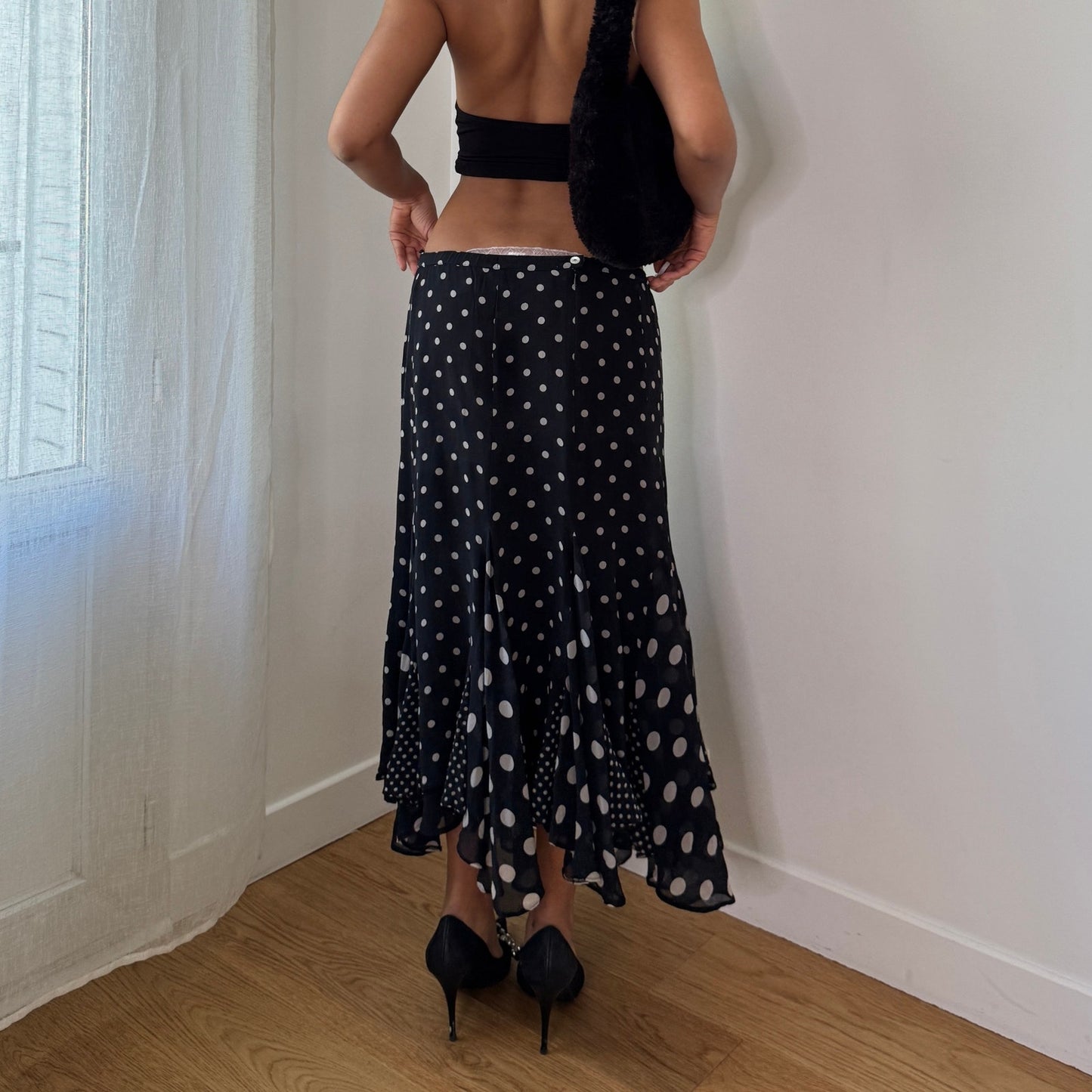 Vintage Y2K Black Polka Dot Silk Maxi Skirt with Ruffle Hem (S/M)