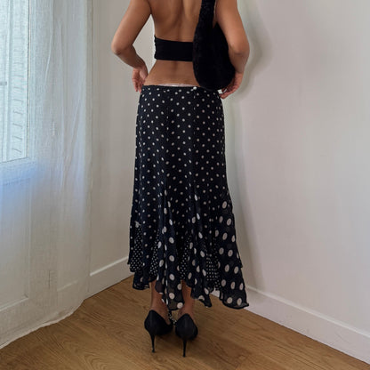 Vintage Y2K Black Polka Dot Silk Maxi Skirt with Ruffle Hem (S/M)