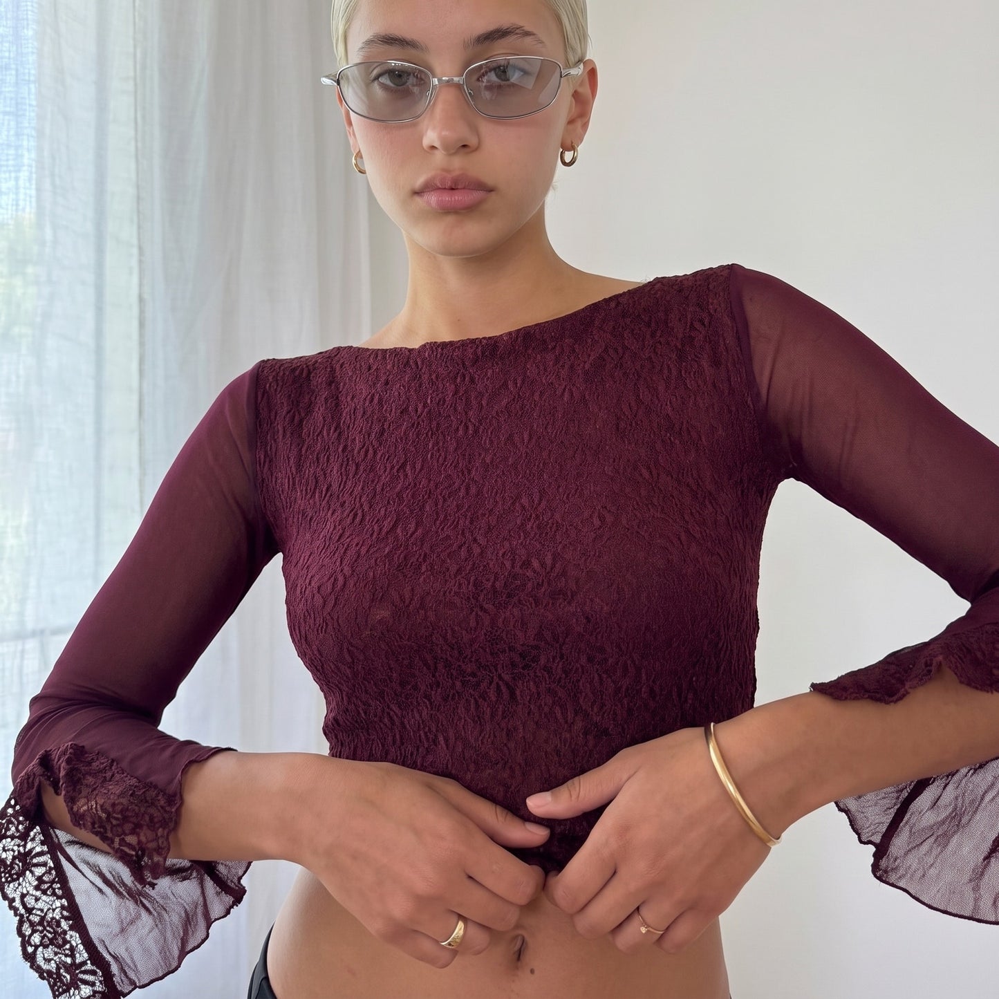 Vintage Italian Burgundy Floral Lace Mesh Crop Top Y2K (S)