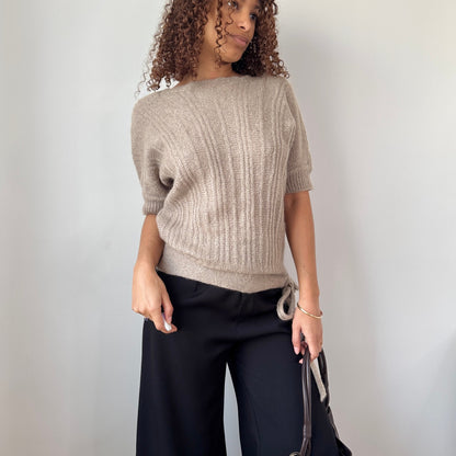 Vintage Italian Beige Mohair Blend Knit Top Short Sleeve Textured Fitted (M)