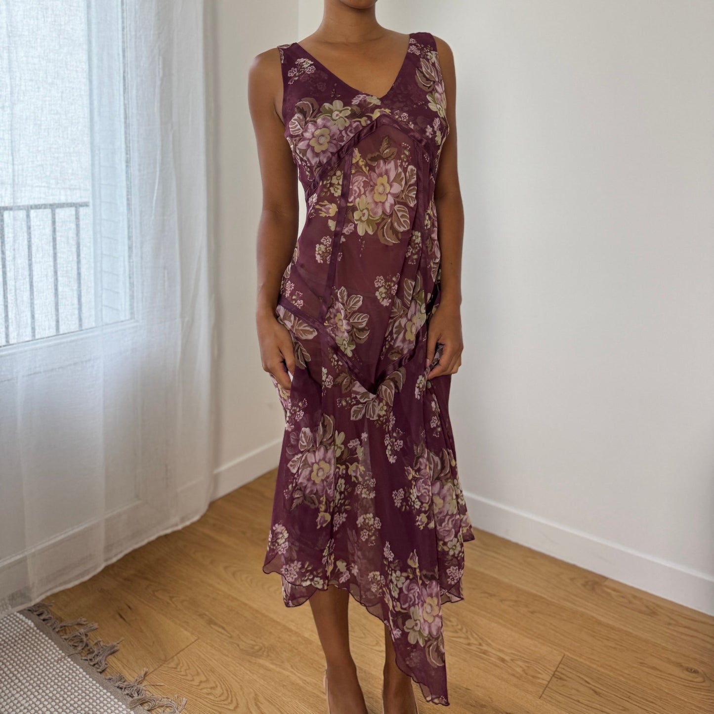 Italian Vintage Semi-Sheer Chiffon Bias-Cut Floral Midi Dress (M/L)