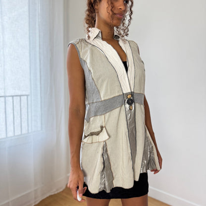 Vintage Italian mixed-fabric sleeveless patchwork tunic vest (Medium)