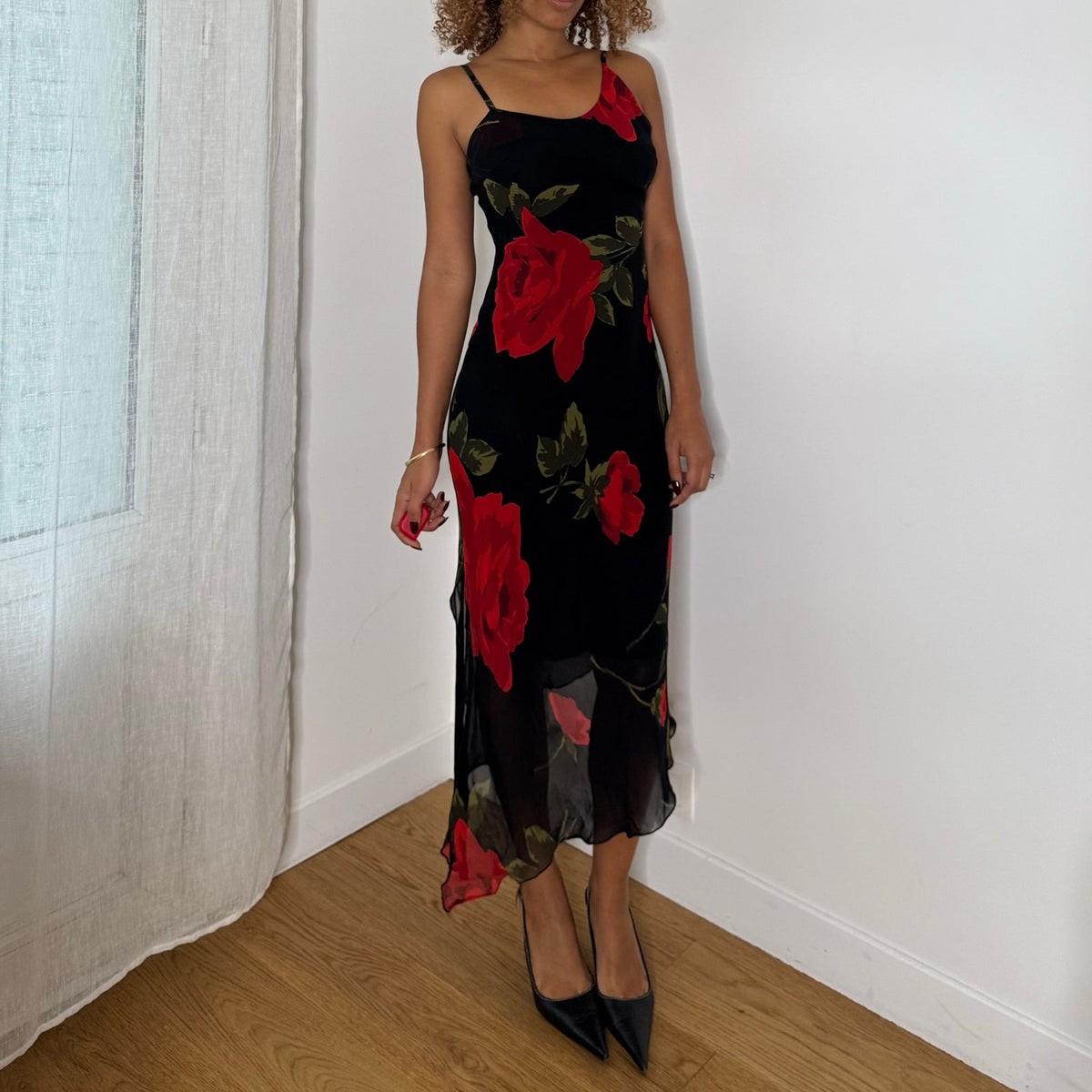 Italian vintage black & red rose print mesh midi slip dress with spaghetti straps