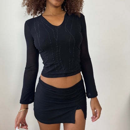 Italian Made Semi-Sheer Shimmer Mesh V-Neck Long-Sleeve Top (Small)