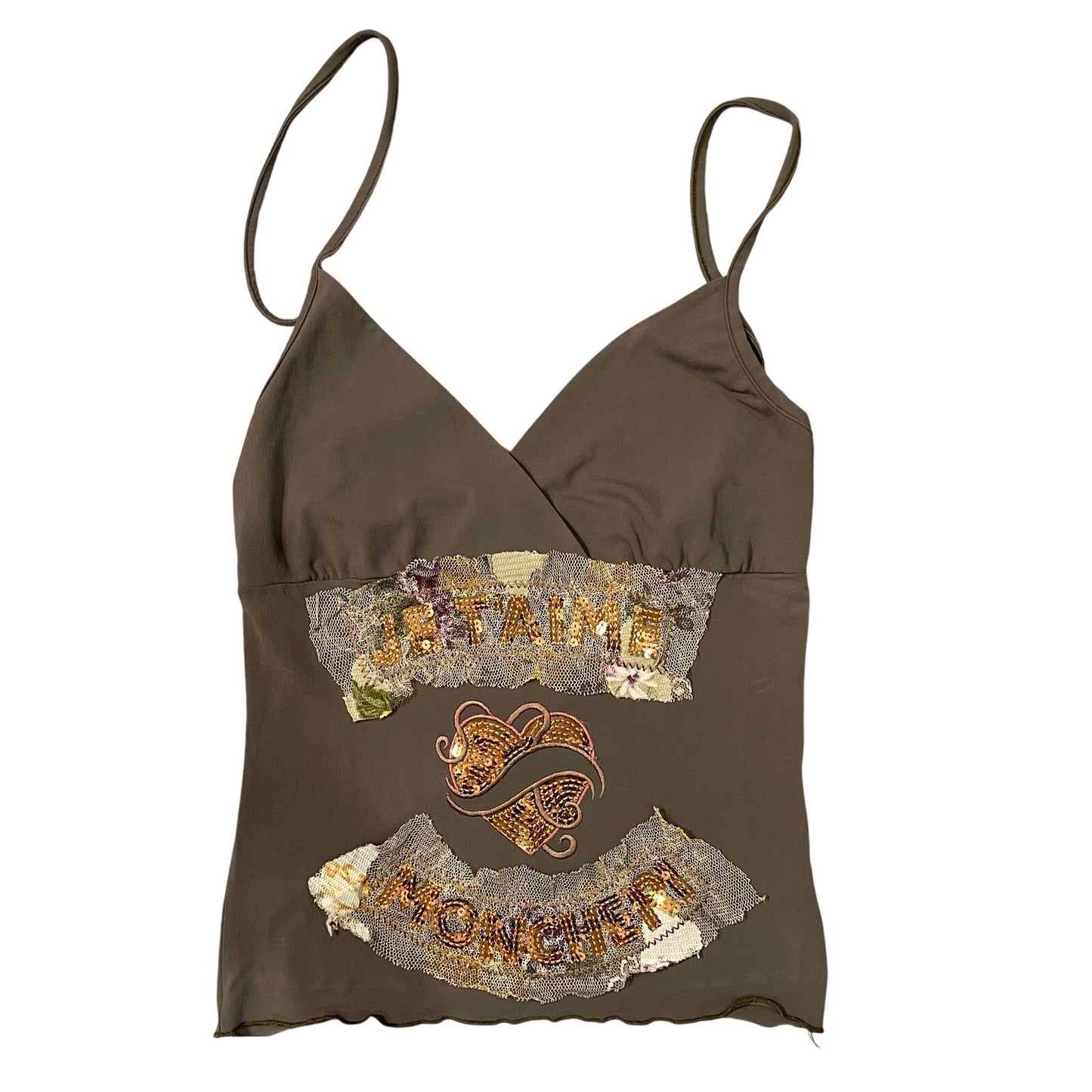 00s khaki tie neck halter tank with lace and sequin details (S/M)