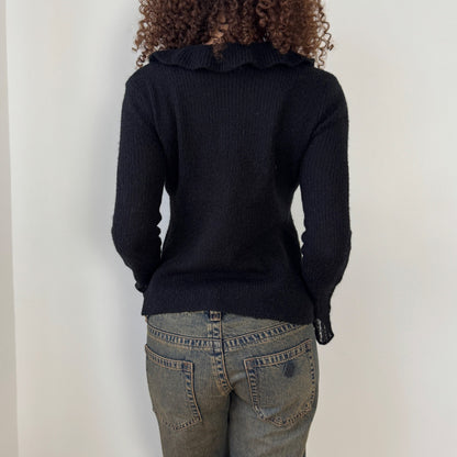 Vintage euro black textured knit tie front cardigan with ruffle trim and flared sleeves (S/M)