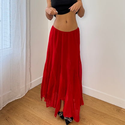 Vintage Red Mesh Asymmetrical Maxi Skirt Flowing Sheer (S)