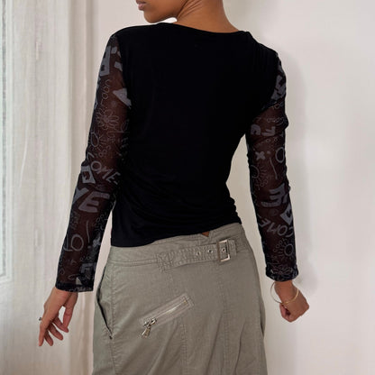Misia Paris French vintage Y2K black illustrated graphic top with French poetry print & sheer doodle mesh sleeves
