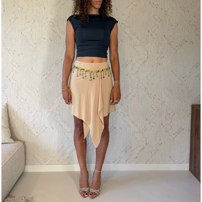 Euro Vintage Cream Beige Asymmetric Faux Suede Midi Skirt with Sequin Velvet Waistband & Dangling Metal Charms