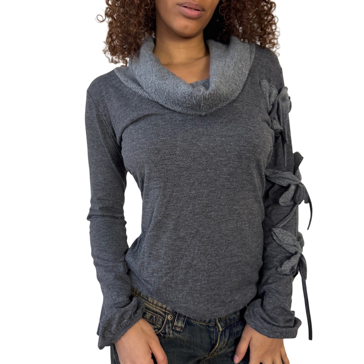 Vintage euro grey slinky long sleeve top with knit cowl neckline (S/M)