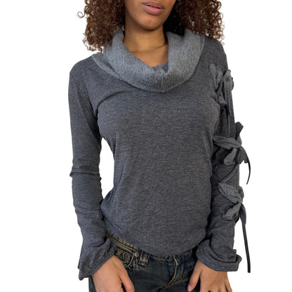 Vintage euro grey slinky long sleeve top with knit cowl neckline (S/M)