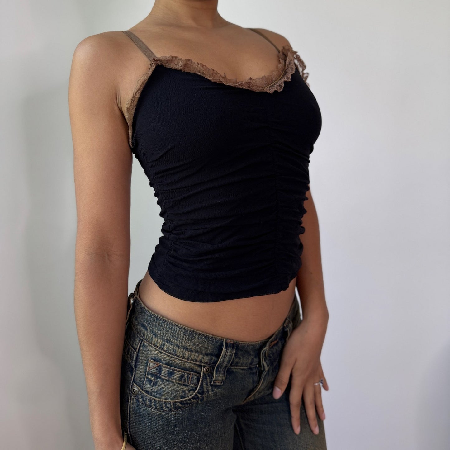 Vintage Black Mesh Cami Top Sequin Lace Trim Y2K Party Top (XS/S) ⠀