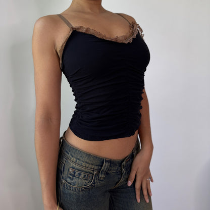 Vintage Black Mesh Cami Top Sequin Lace Trim Y2K Party Top (XS/S) ⠀