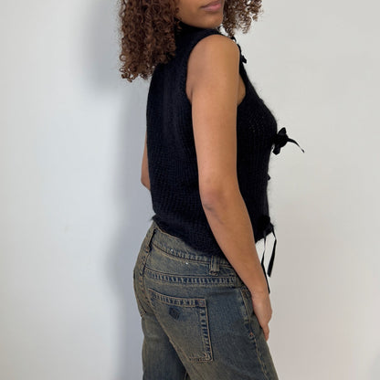 Vintage Italian black slouchy knit sleeveless top with bow appliqués (S)