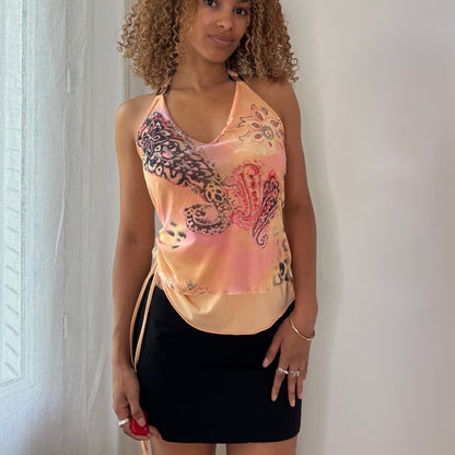 Vintage Peach Orange Pink Paisley Layered Mesh Halter Top Italian Y2K (S/M)
