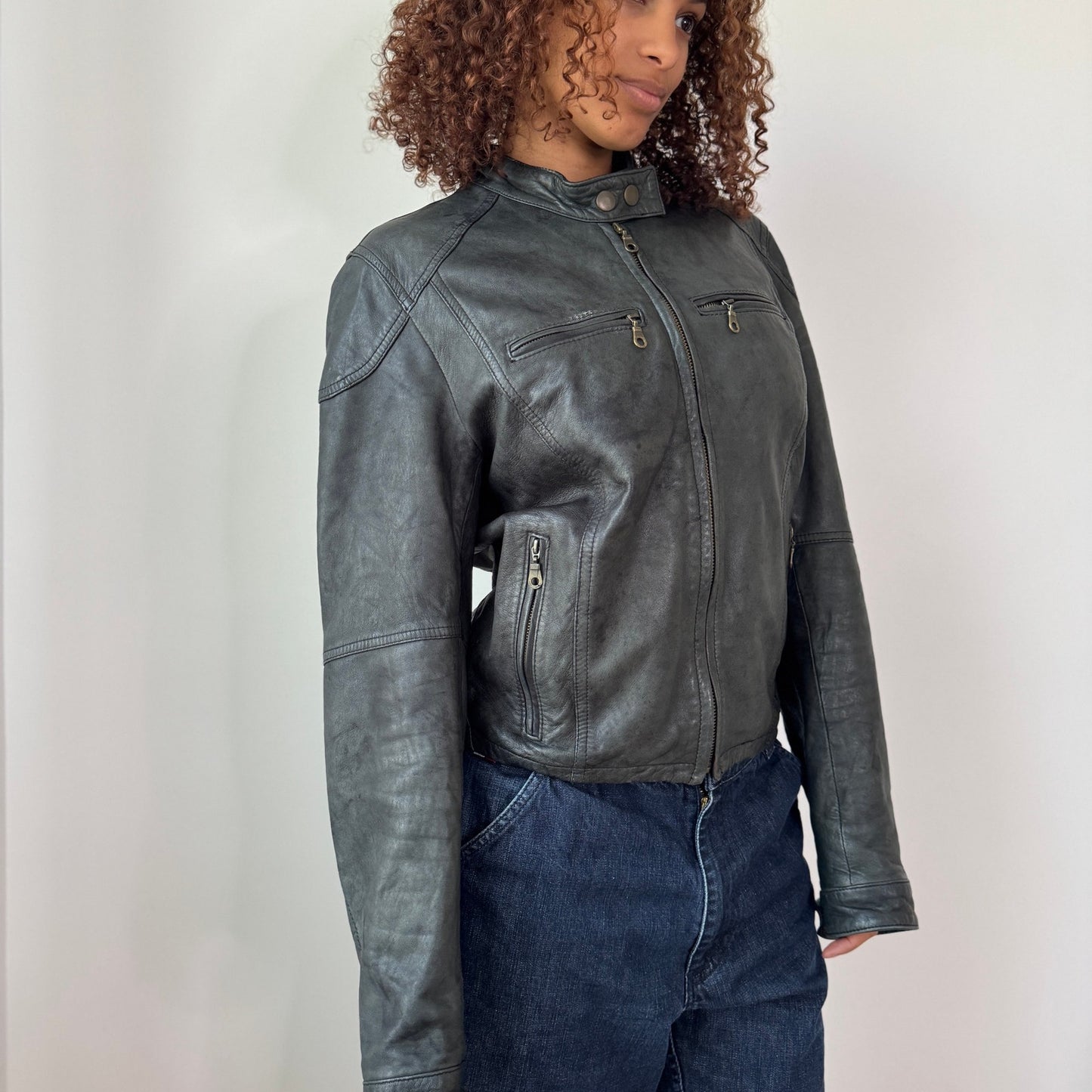Vintage Grey Leather Moto Jacket Zip Front Minimalist Italy Y2K (S/M)