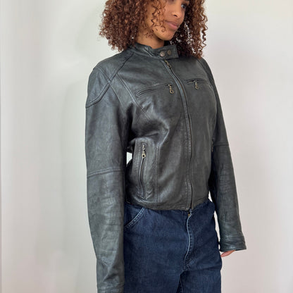 Vintage Grey Leather Moto Jacket Zip Front Minimalist Italy Y2K (S/M)