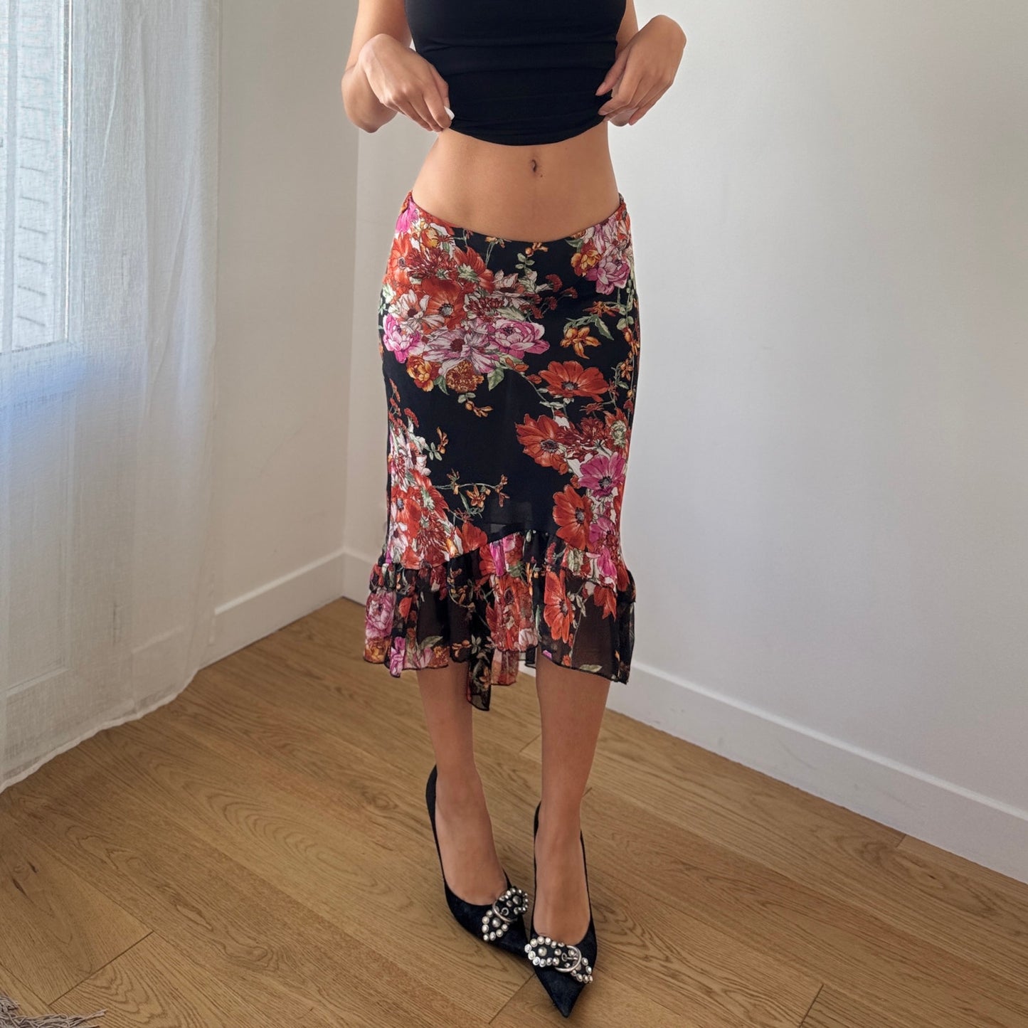 Vintage Italian Black Floral Mesh Midi Skirt Ruffle Hem Sheer (S)