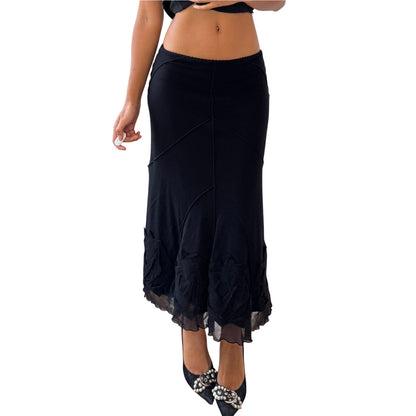 Italian Vintage black wool-appliqué flounce midi skirt (S)
