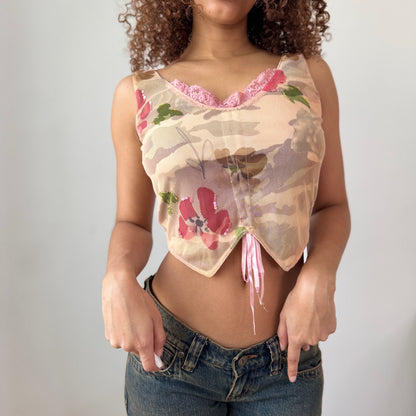 Vintage Euro Sheer Floral Mesh Top Lace Trim Corset Style (S)