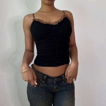 Vintage Black Mesh Cami Top Sequin Lace Trim Y2K Party Top (XS/S) ⠀