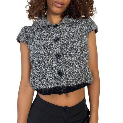 Vintage Italian grey marled knit slouchy short sleeve cardigan with button front (S)