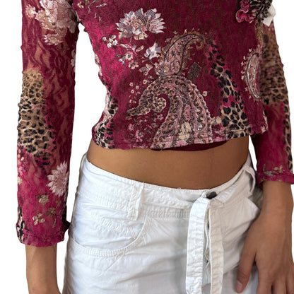 Vintage Burgundy Floral Cheetah Lace Top Ruffle Trim Long Sleeve Y2K French (S)