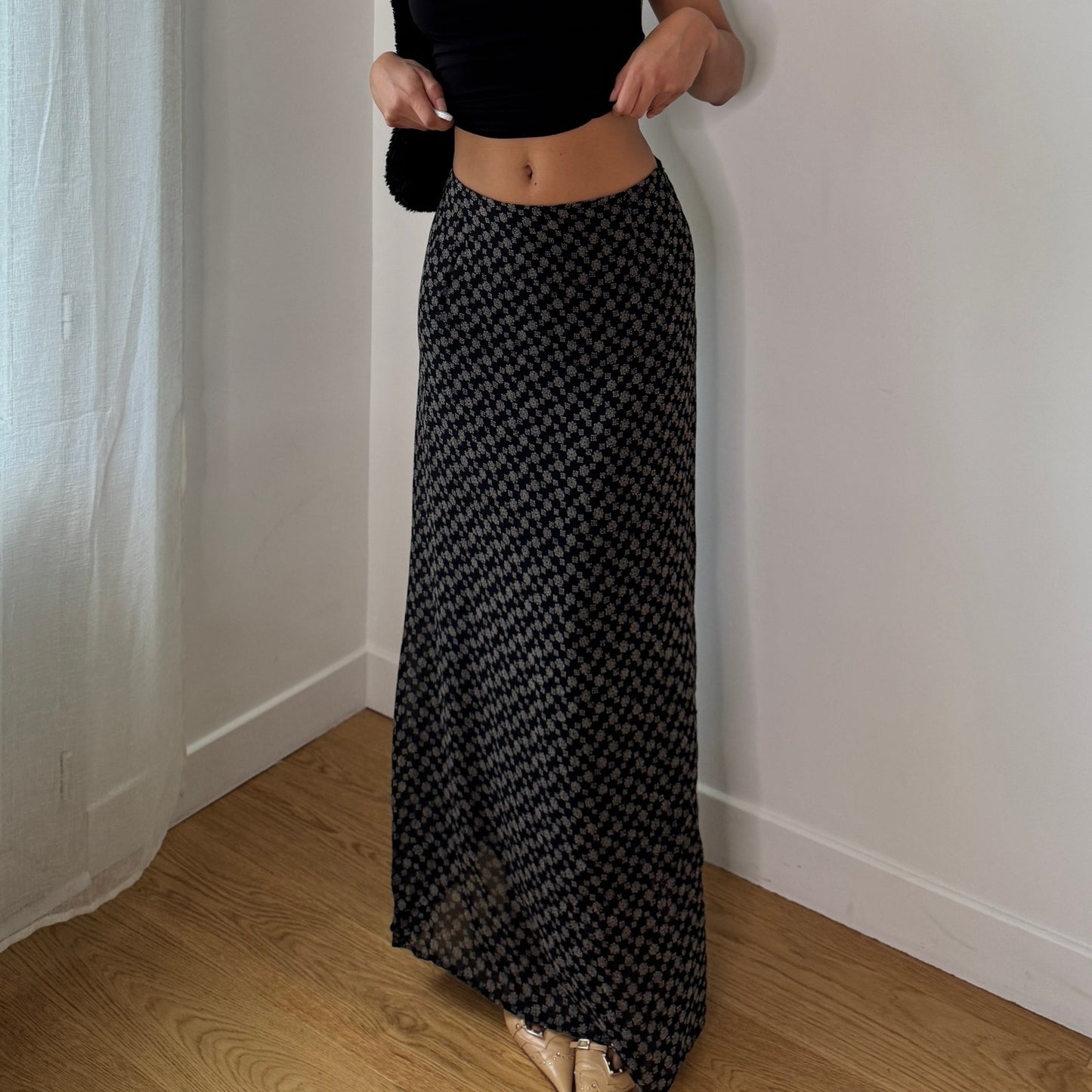 Vintage Black Beige Micro Floral Mesh Maxi Skirt Italian Y2K Skirt (S) ⠀