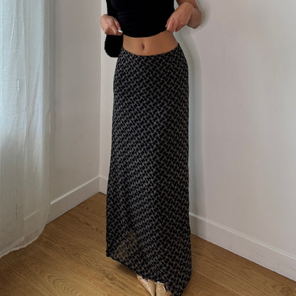 Vintage Black Beige Micro Floral Mesh Maxi Skirt Italian Y2K Skirt (S) ⠀