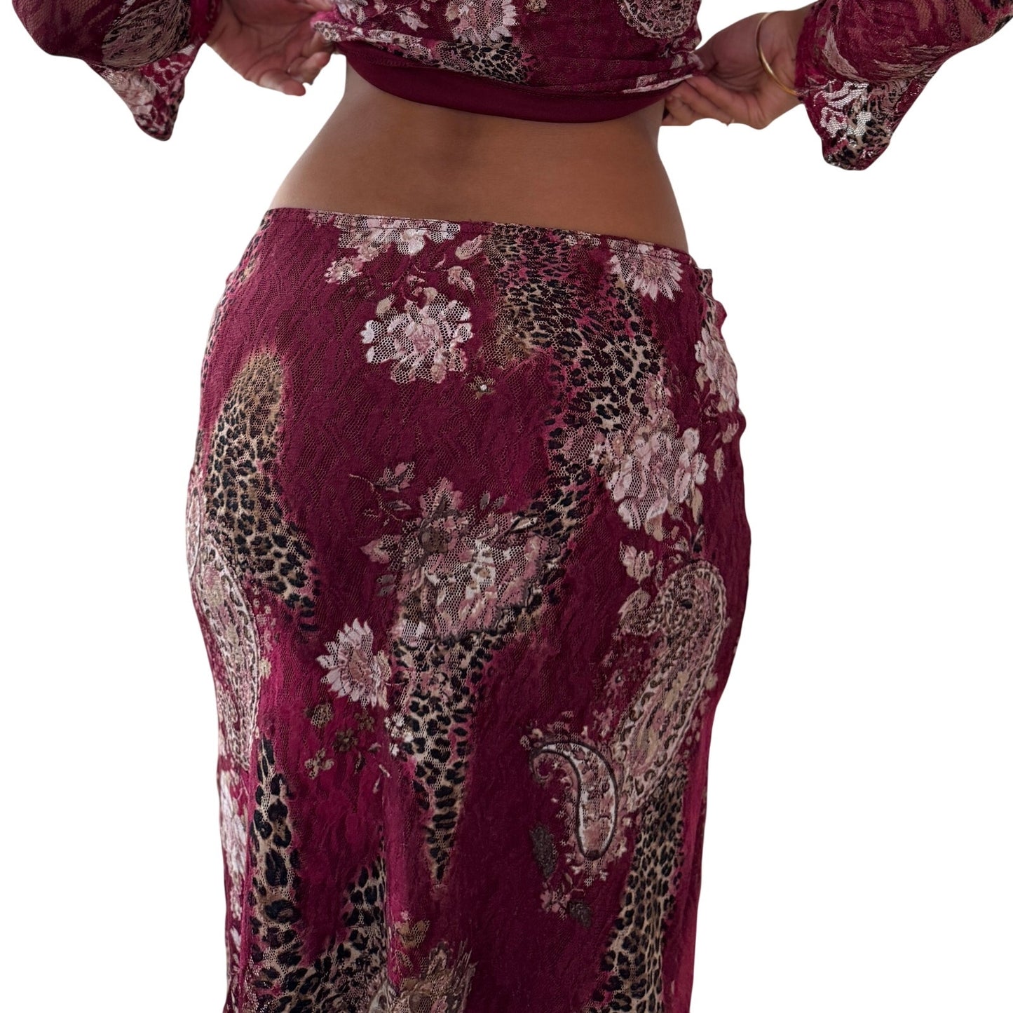 Vintage Burgundy Floral & Cheetah Lace Midi Skirt Y2K French (S)