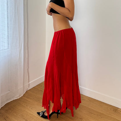 Vintage Red Mesh Asymmetrical Maxi Skirt Flowing Sheer (S)