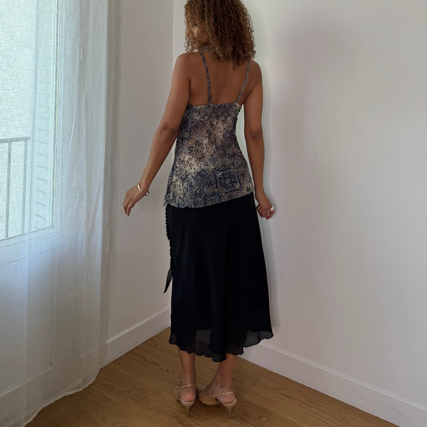 Vintage Blue Beige Paisley Mesh Cami Top Floral Handkerchief Hem Y2K (S)