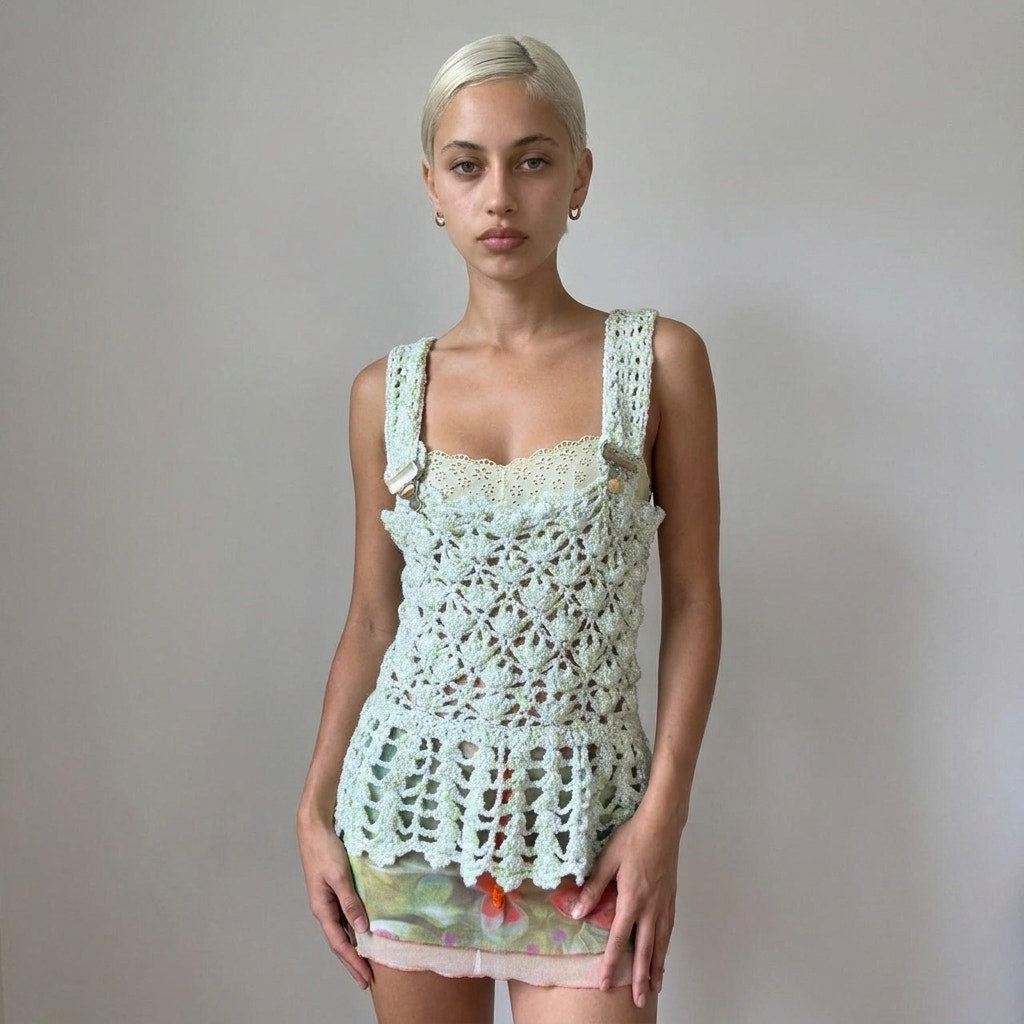 Vintage Mint Green Crochet Buckle Strap Tank Top Euro Y2K (S/M)