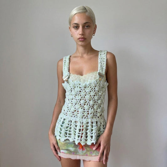 Vintage Mint Green Crochet Buckle Strap Tank Top Euro Y2K (S/M)
