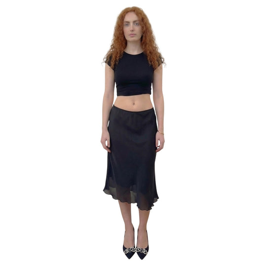 Vintage Italian Black Mesh Midi Skirt Sheer Layered Ruffle Hem Viscose (S)