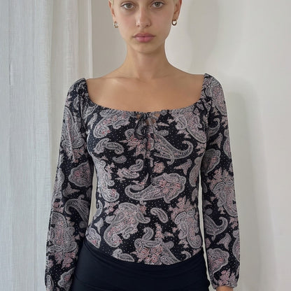 Vintage Black Pink Polka dot & Paisley Long Sleeve Top Y2K (S/M)