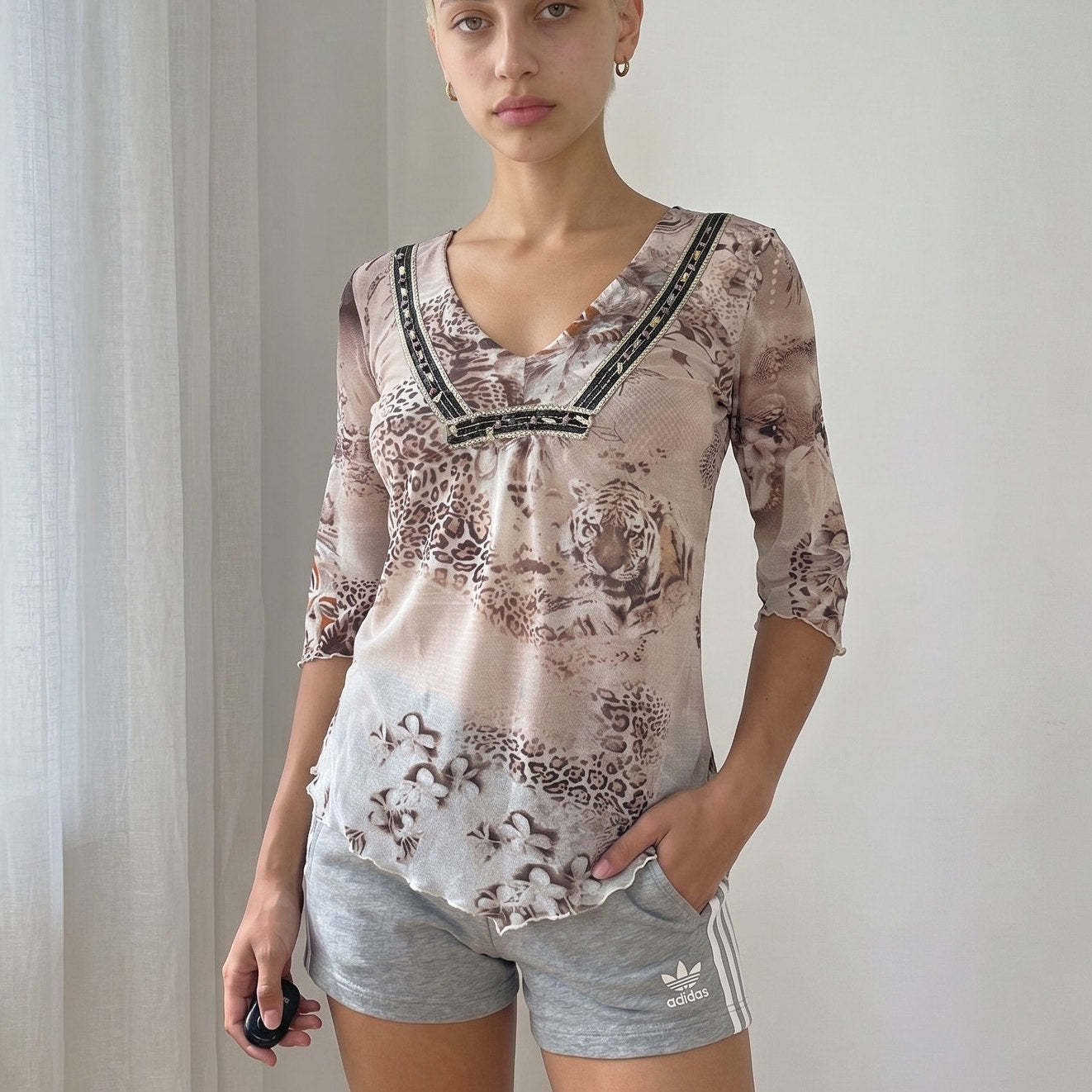 Vintage Jungle Animal Print Beaded Mesh Top Y2K (S/M)