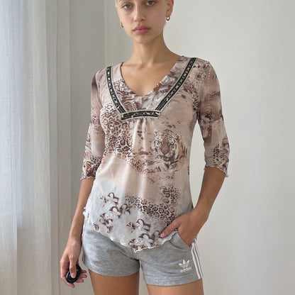 Vintage Jungle Animal Print Beaded Mesh Top Y2K (S/M)