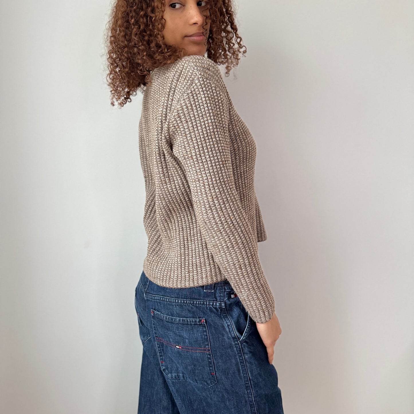 Vintage French Taupe Ribbed Knit Sweater Wool Alpaca Blend (S)