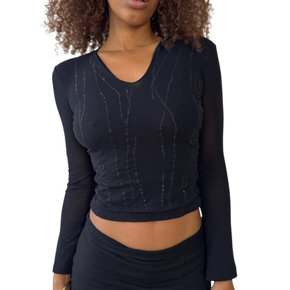 Italian Made Semi-Sheer Shimmer Mesh V-Neck Long-Sleeve Top (Small)