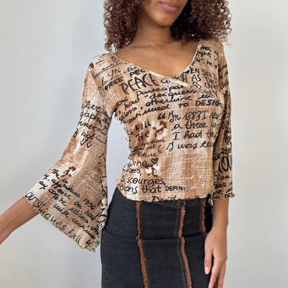 Vintage French Beige Script Print Mesh Top (S/M)